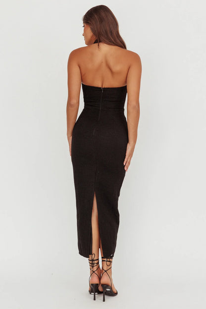 She Is Button Front Halter Midi Dress Tweed Black