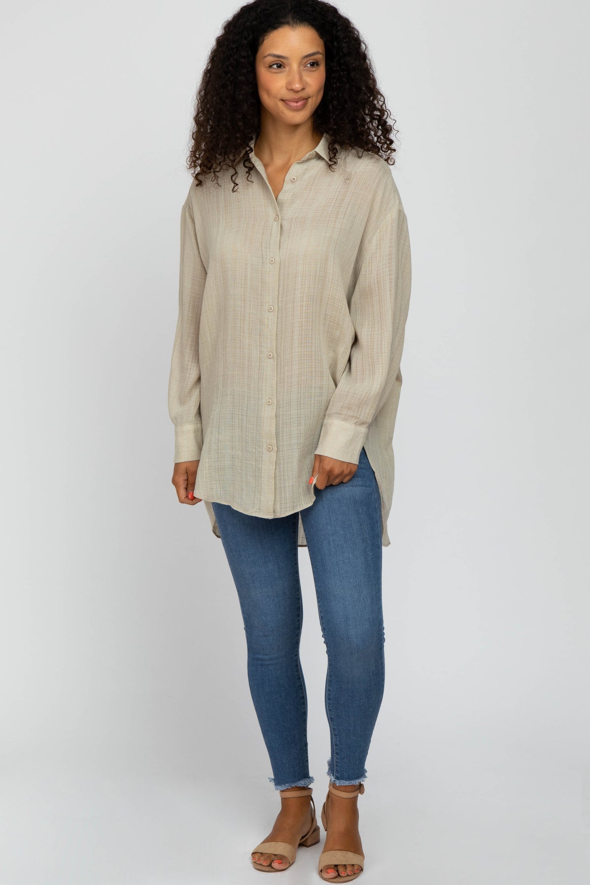 Beige Lightweight Sheer Button Down Blouse