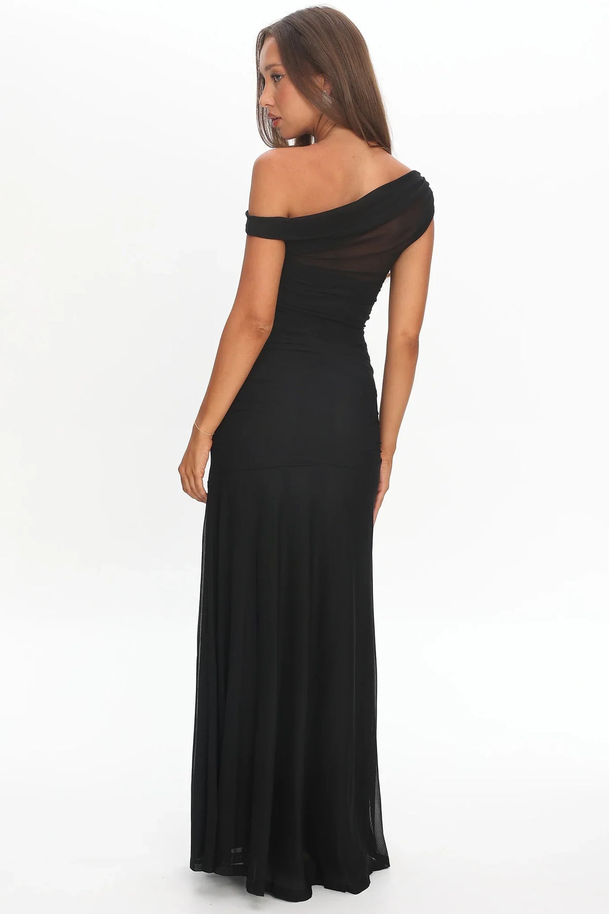 Lylah Asymmetric Neckline Mesh Maxi Dress Black