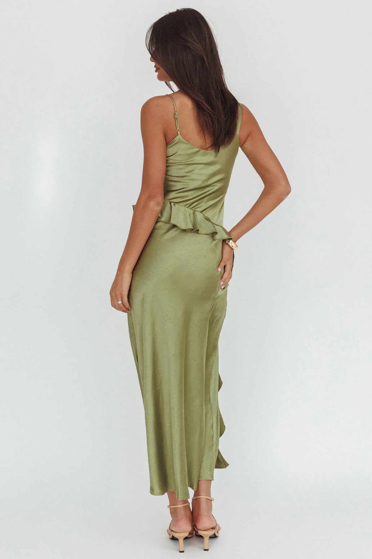 Sunshine Eternity Asymmetric Neckline Ruffle Maxi Dress Olive