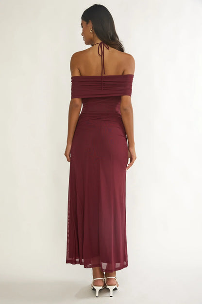 Carielle Off-Shoulder Halter Maxi Dress Wine