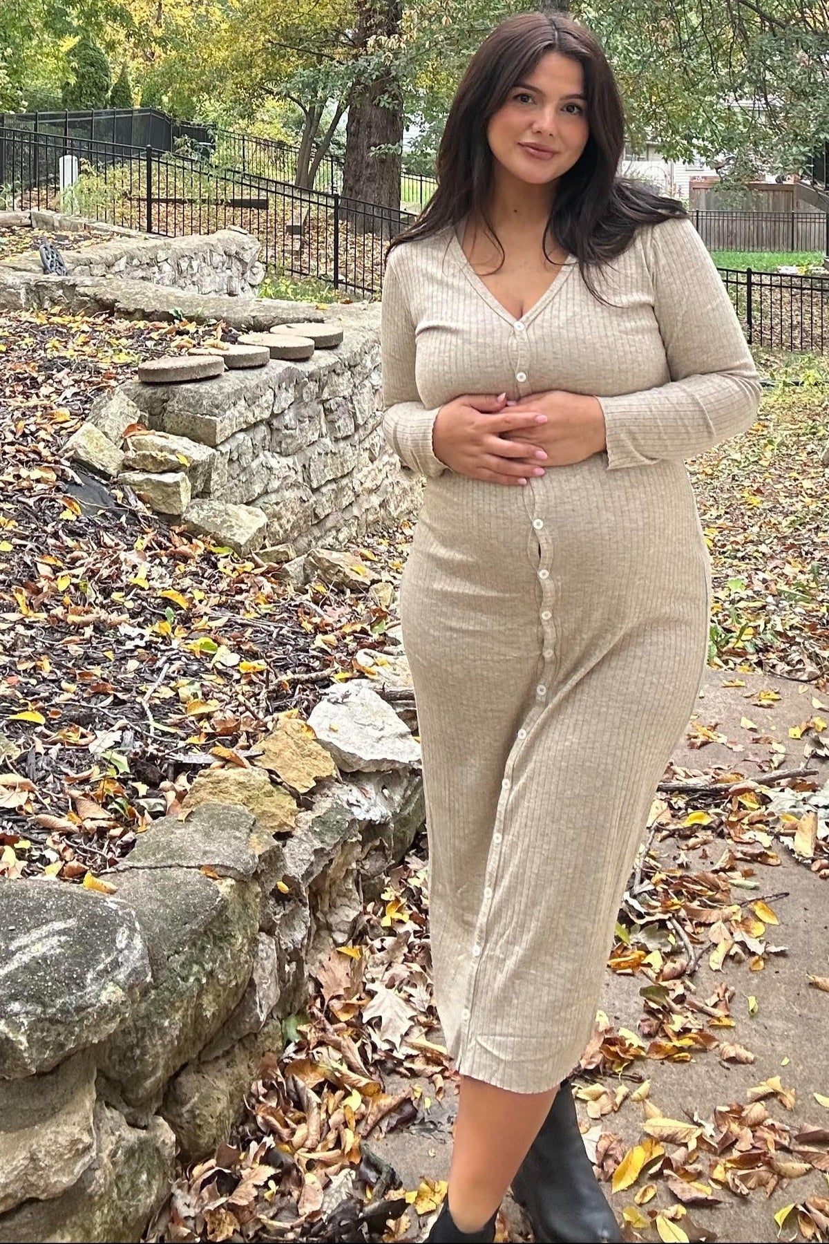 Beige Ribbed Button Front Midi Cardigan Maternity Dress