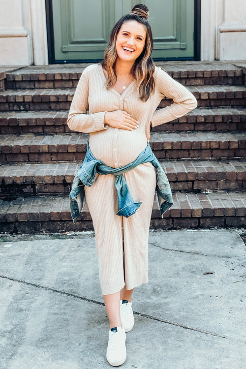 Beige Ribbed Button Front Midi Cardigan Maternity Dress
