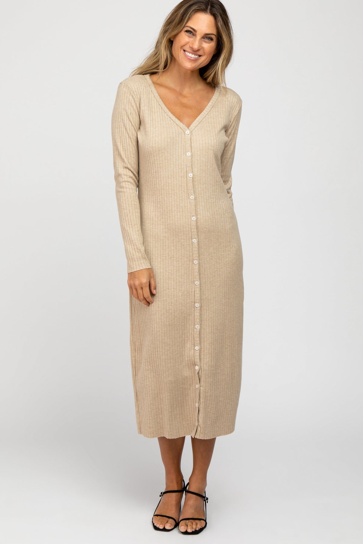 Beige Ribbed Button Front Midi Cardigan Dress