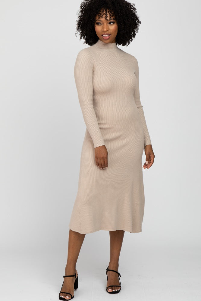 Beige Mock Neck Flared Maternity Midi Dress