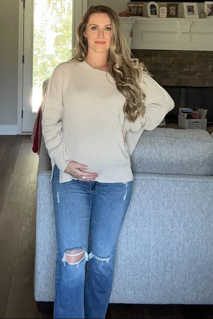 Beige Exposed Seam Side Slit Maternity Sweater