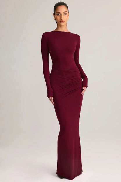 Modal Ruched Backless Maxi Dress in Wine