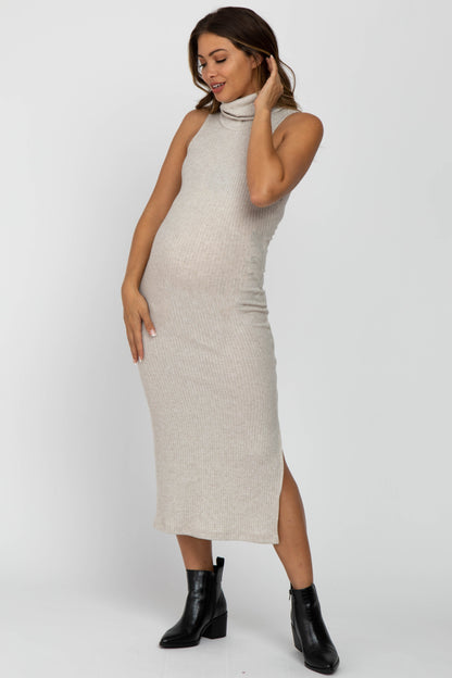 Beige Ribbed Turtleneck Fitted Midi Maternity Dress