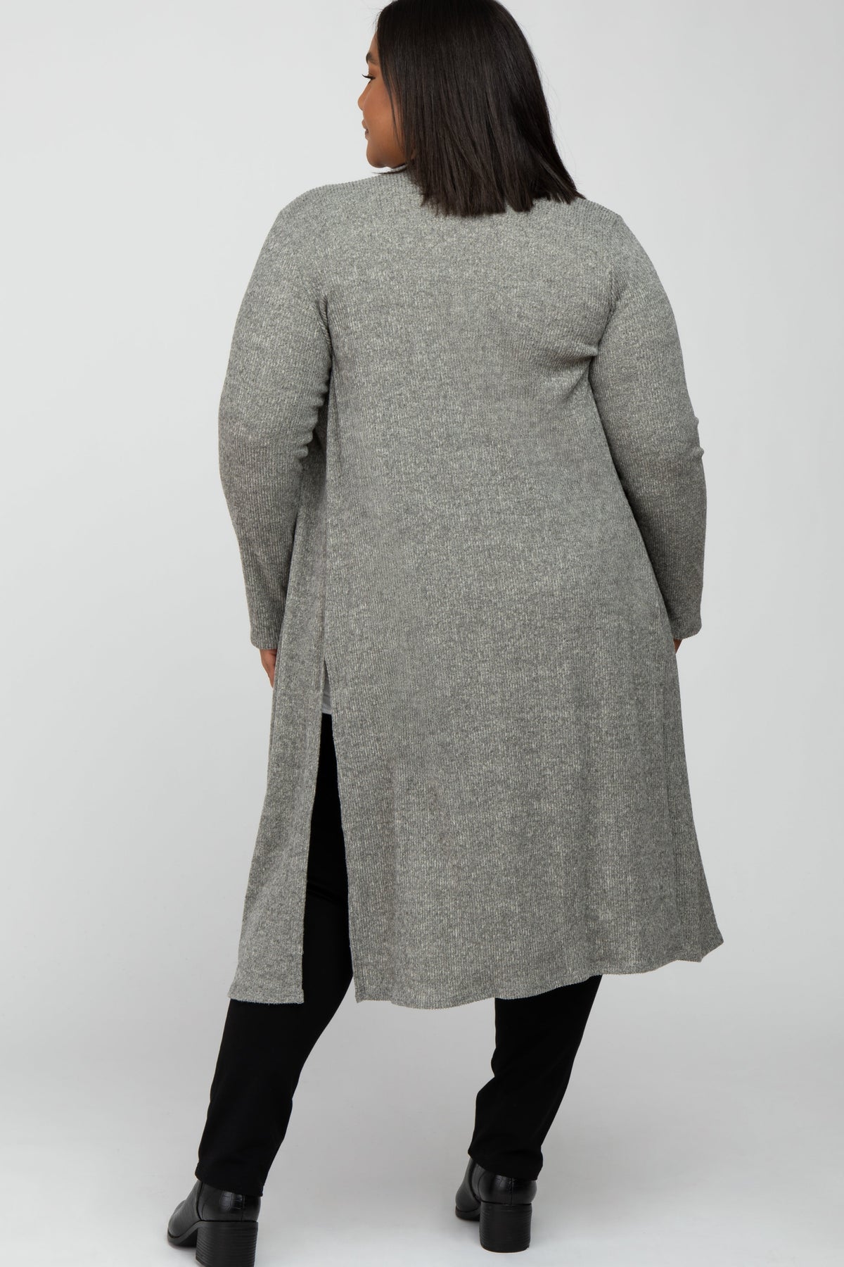 Beige Heathered Ribbed Side Slit Long Plus Maternity Cardigan