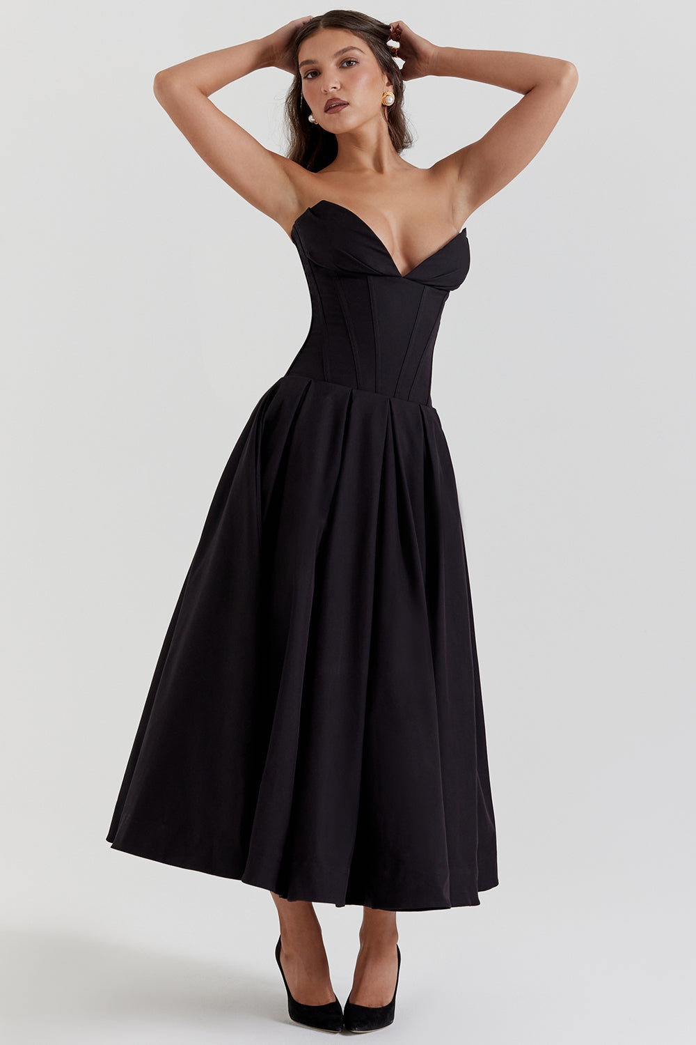 black strapless midi dress