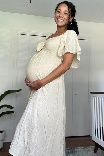 Beige Front Tie Ruffle Sleeve Maternity Midi Dress