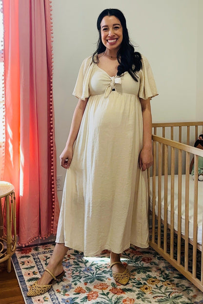 Beige Front Tie Ruffle Sleeve Maternity Midi Dress