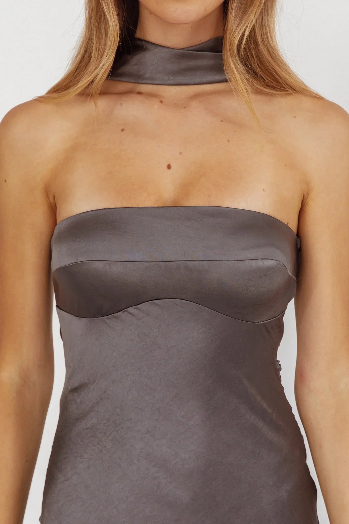Damsel Reverse Halter Maxi Dress Satin Charcoal
