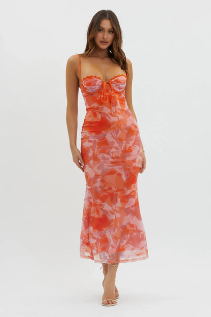 Fortune Lace Trim Mesh Midi Dress Orange