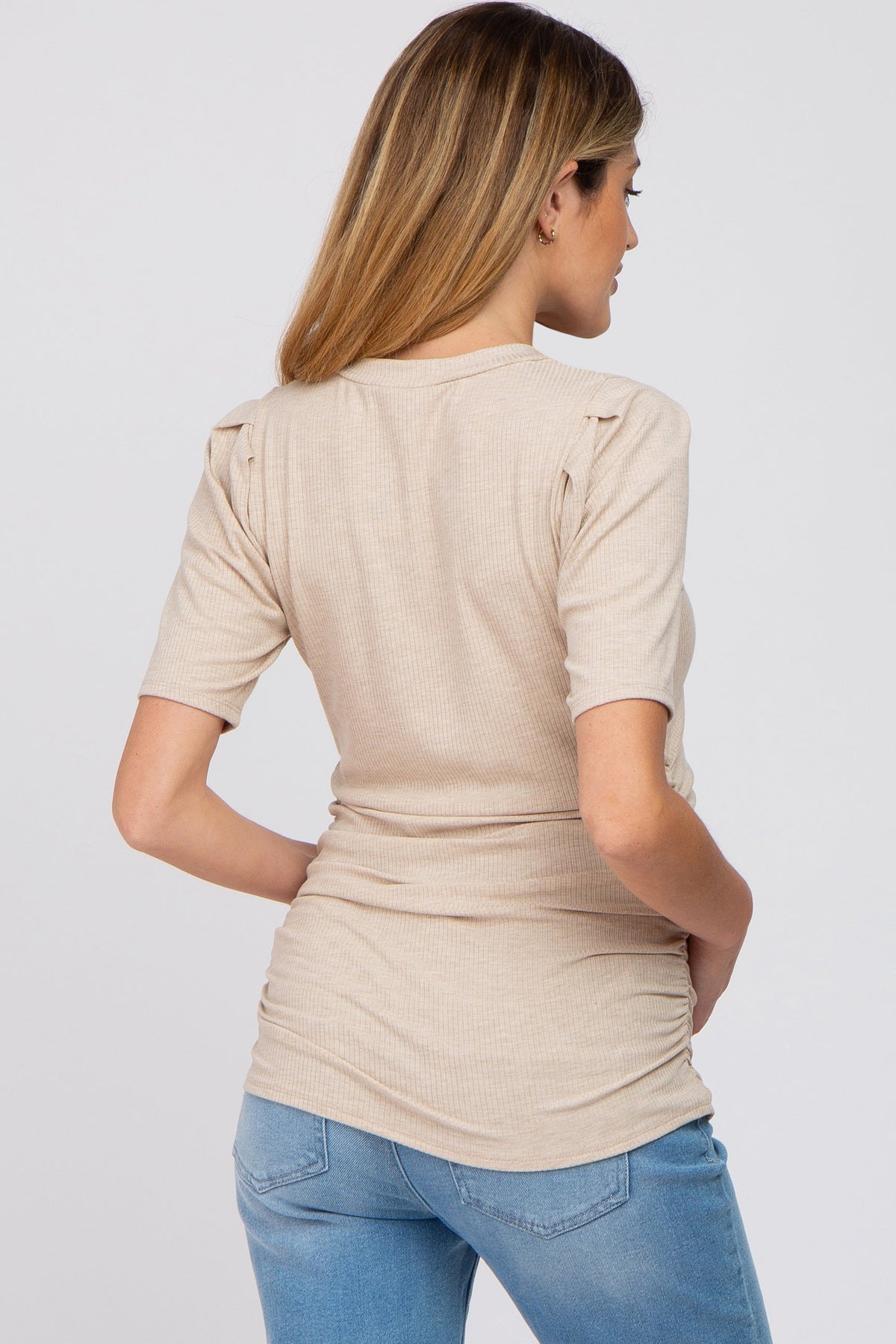 Beige Ribbed Puff Sleeve Ruched Maternity Top