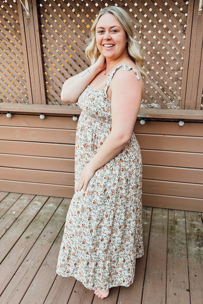 Beige Floral Sleeveless Tiered Maxi Dress