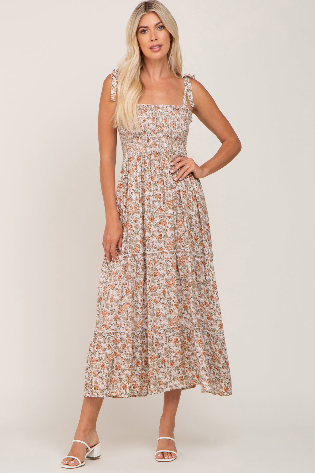 Beige Floral Sleeveless Tiered Maxi Dress