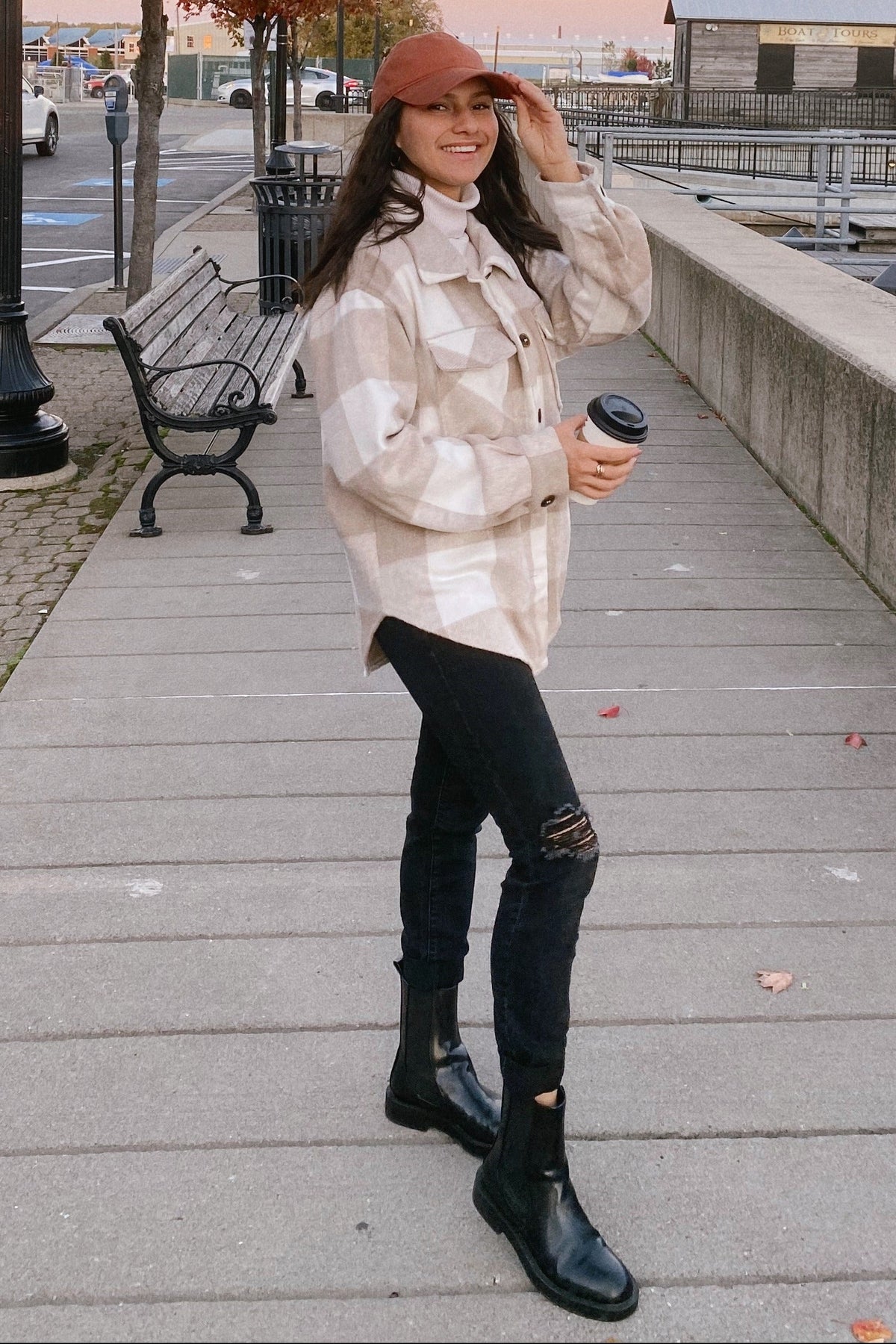 Beige Plaid Knit Shirt Jacket