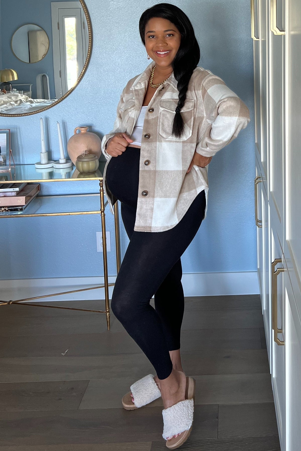 Beige Plaid Knit Maternity Shirt Jacket