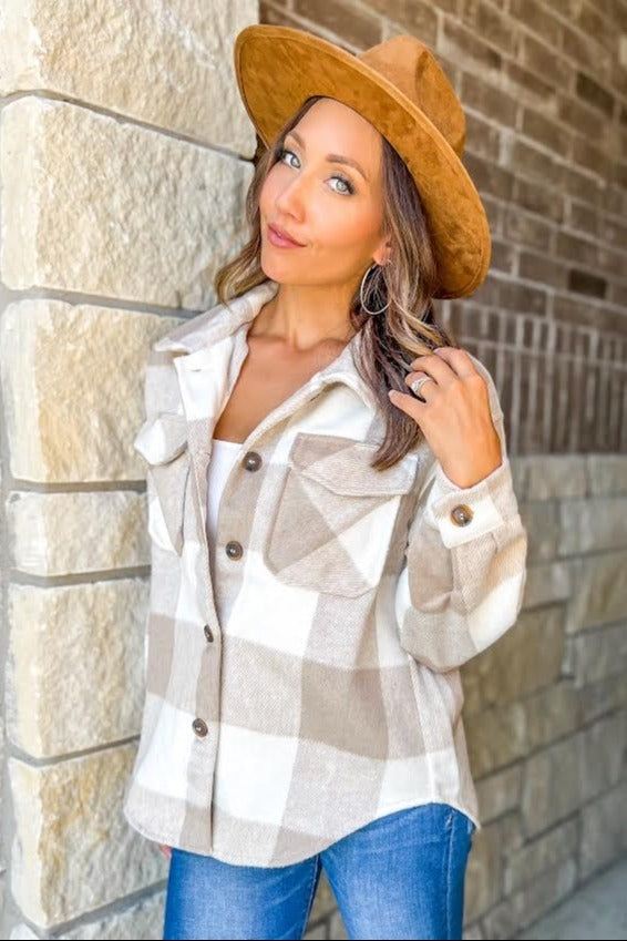 Beige Plaid Knit Shirt Jacket