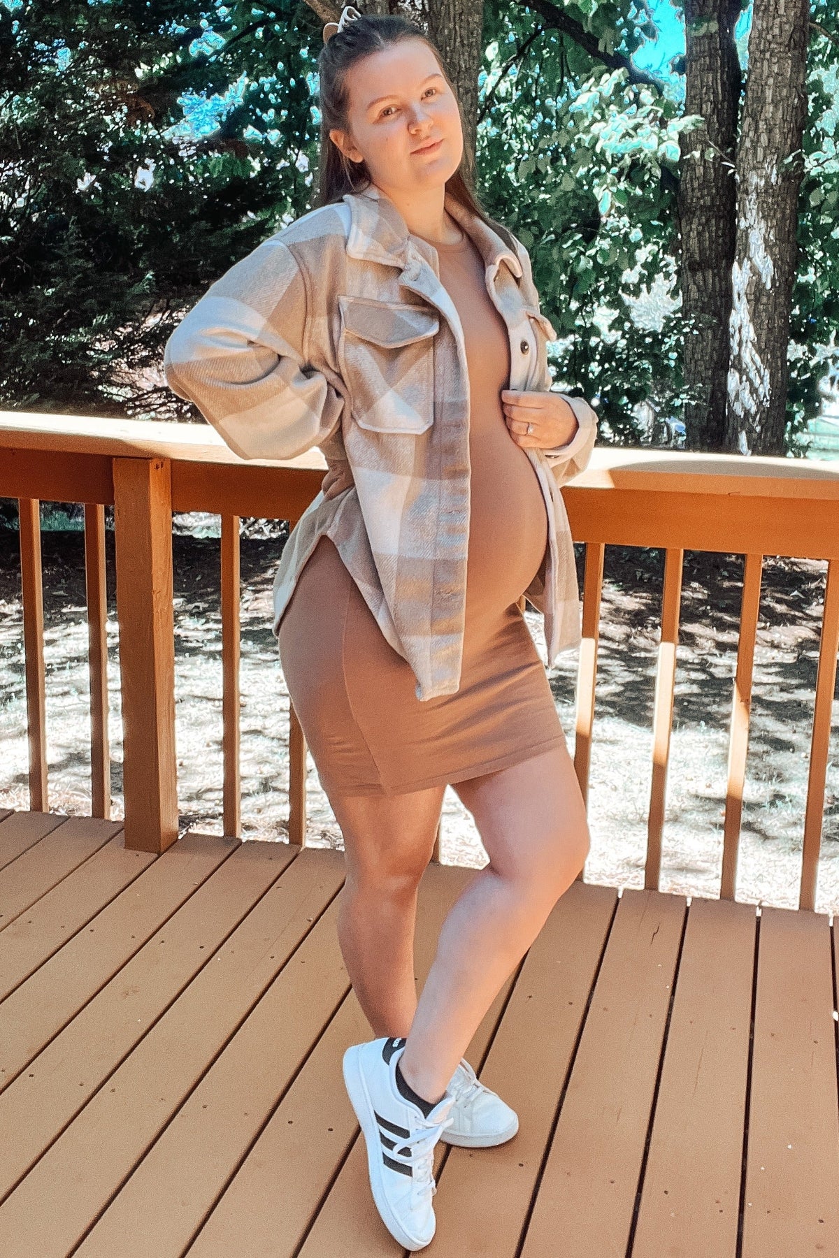 Beige Plaid Knit Maternity Shirt Jacket