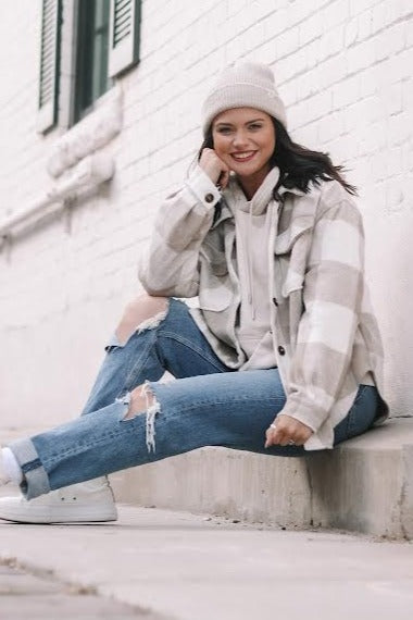 Beige Plaid Knit Shirt Jacket