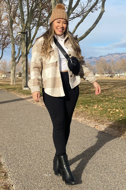 Beige Plaid Knit Shirt Jacket