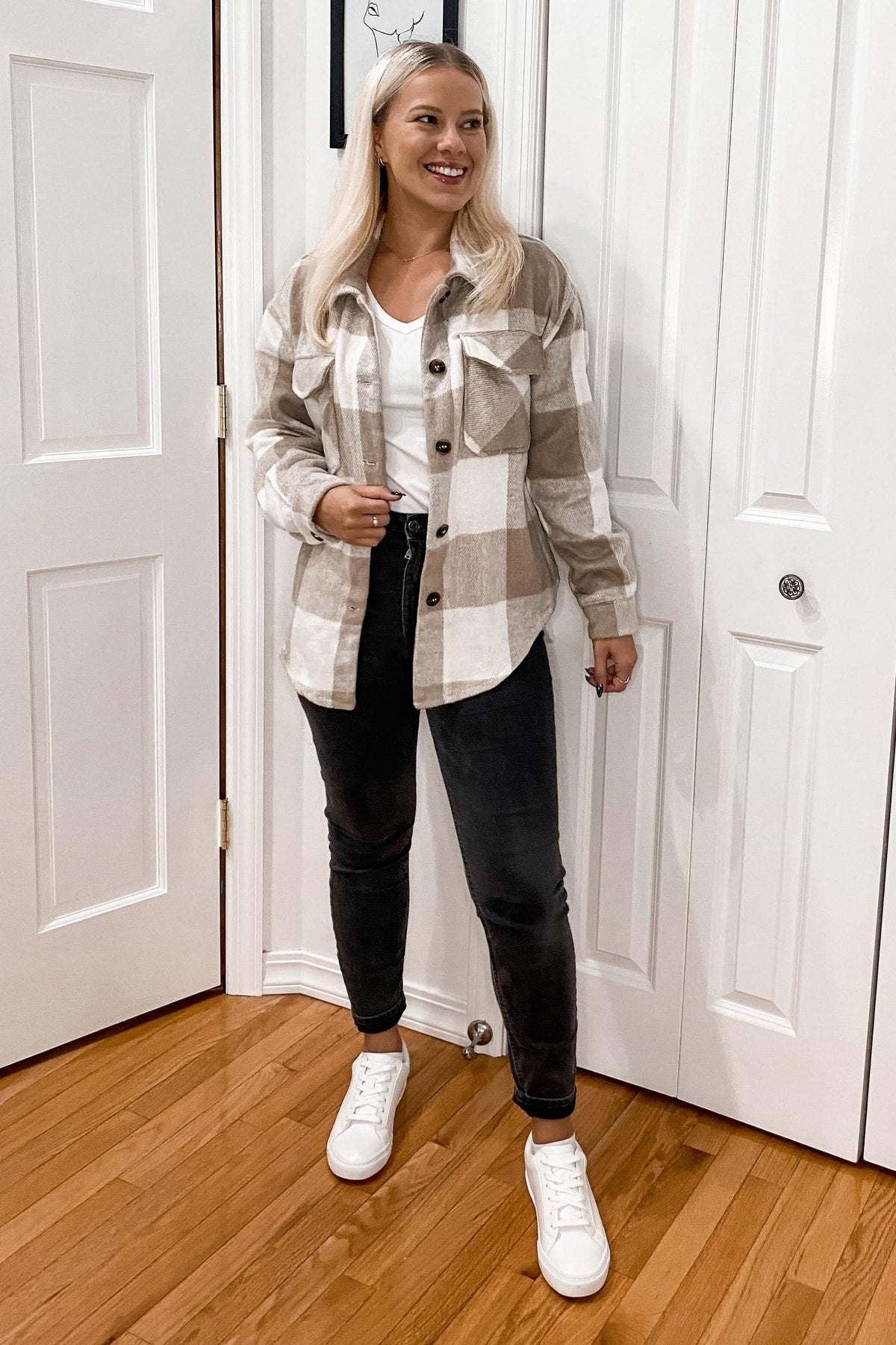 Beige Plaid Knit Shirt Jacket