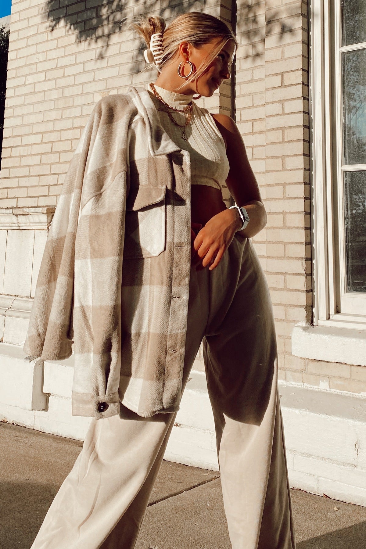 Beige Plaid Knit Maternity Shirt Jacket