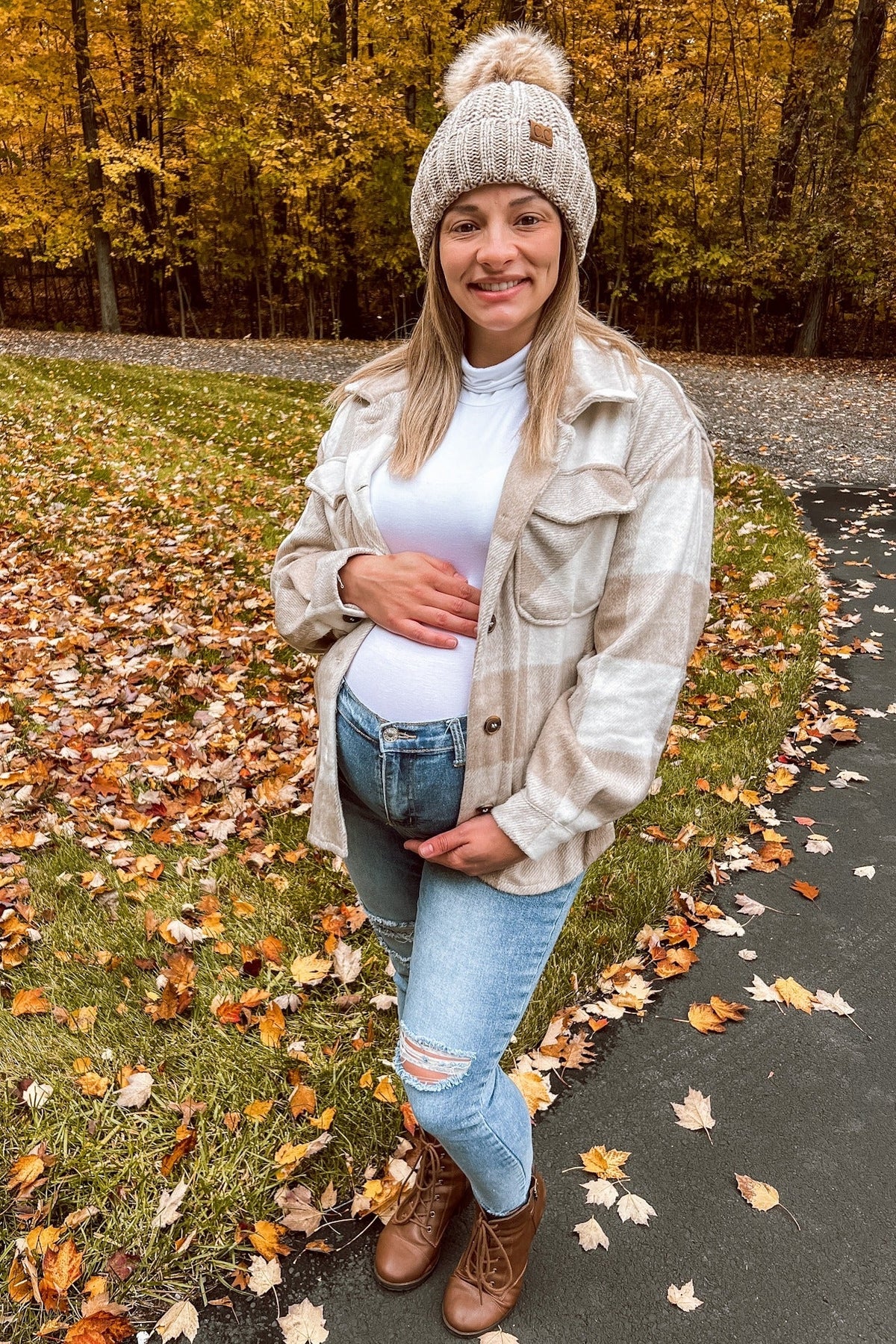 Beige Plaid Knit Maternity Shirt Jacket