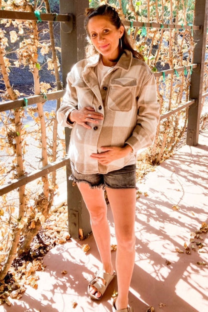 Beige Plaid Knit Maternity Shirt Jacket