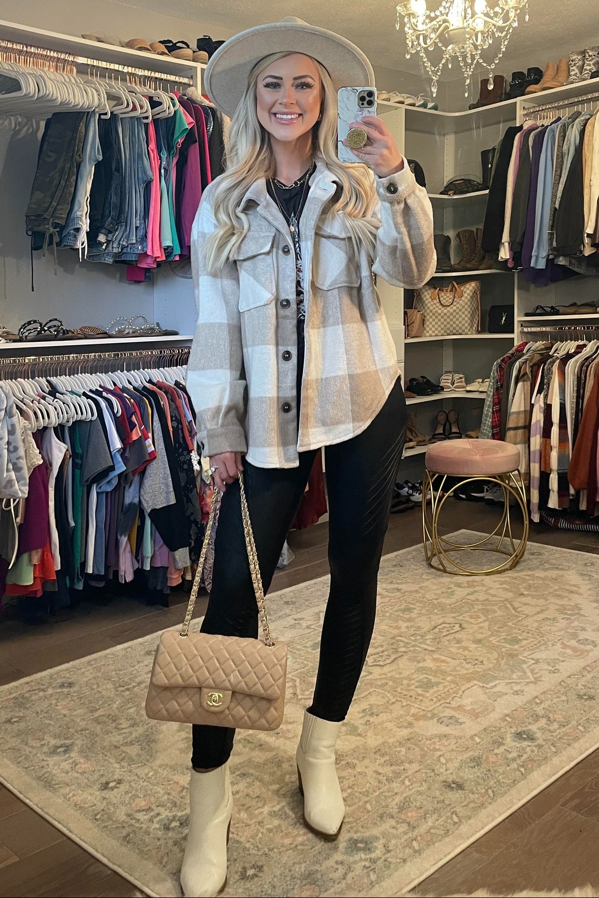 Beige Plaid Knit Shirt Jacket