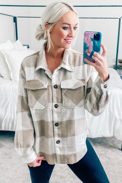 Beige Plaid Knit Shirt Jacket