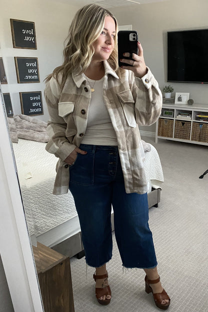 Beige Plaid Knit Shirt Jacket