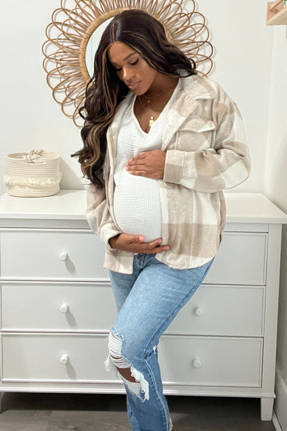 Beige Plaid Knit Maternity Shirt Jacket