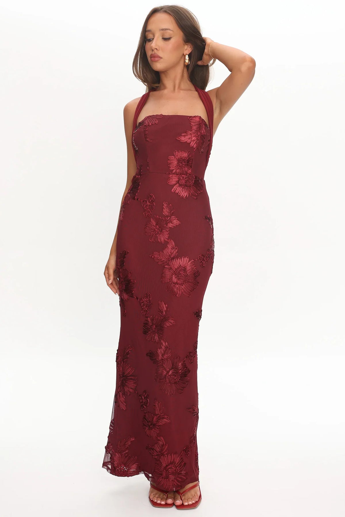 Serenya Halterneck Embellished Maxi Dress Wine