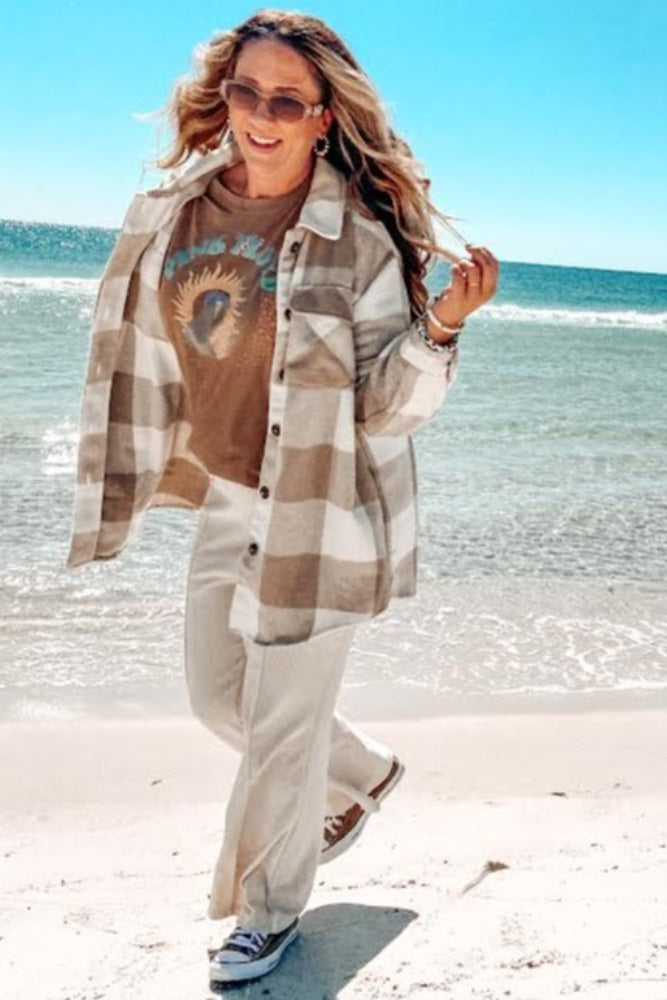 Beige Plaid Brushed Long Shacket