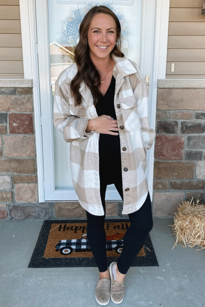 Beige Plaid Brushed Long Maternity Shacket