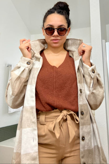Beige Plaid Brushed Long Shacket