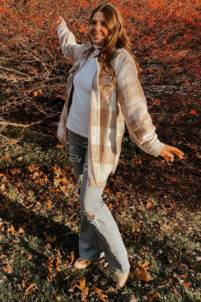 Beige Plaid Brushed Long Shacket