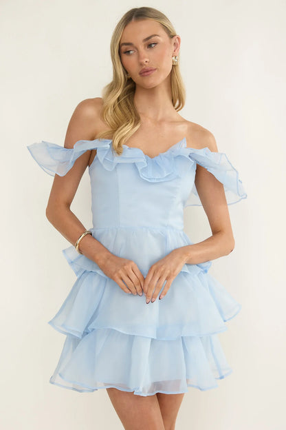 Rosira Off-Shoulder Ruffle Mini Dress Sky Blue