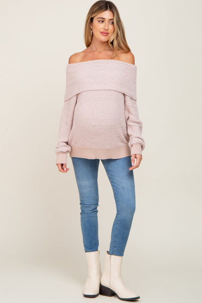 Beige Foldover Off Shoulder Maternity Sweater