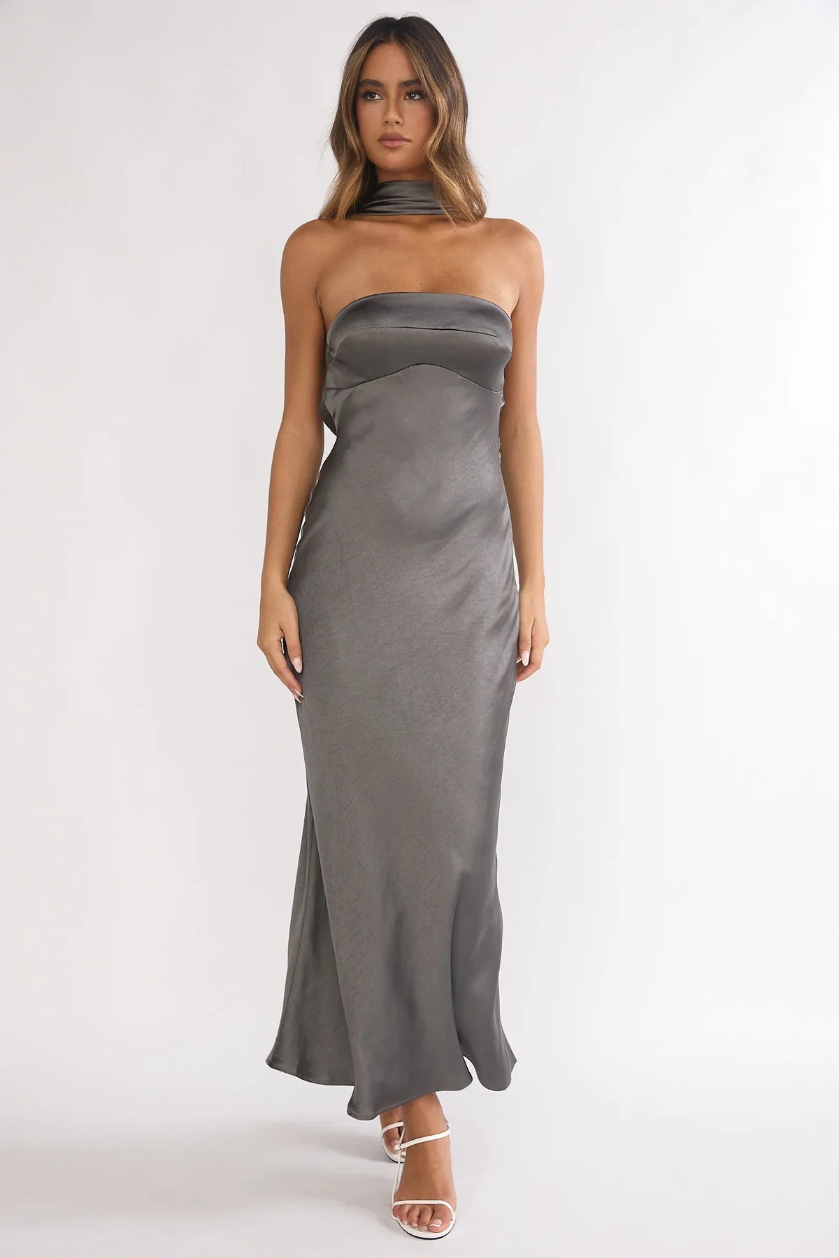 Damsel Reverse Halter Maxi Dress Satin Charcoal
