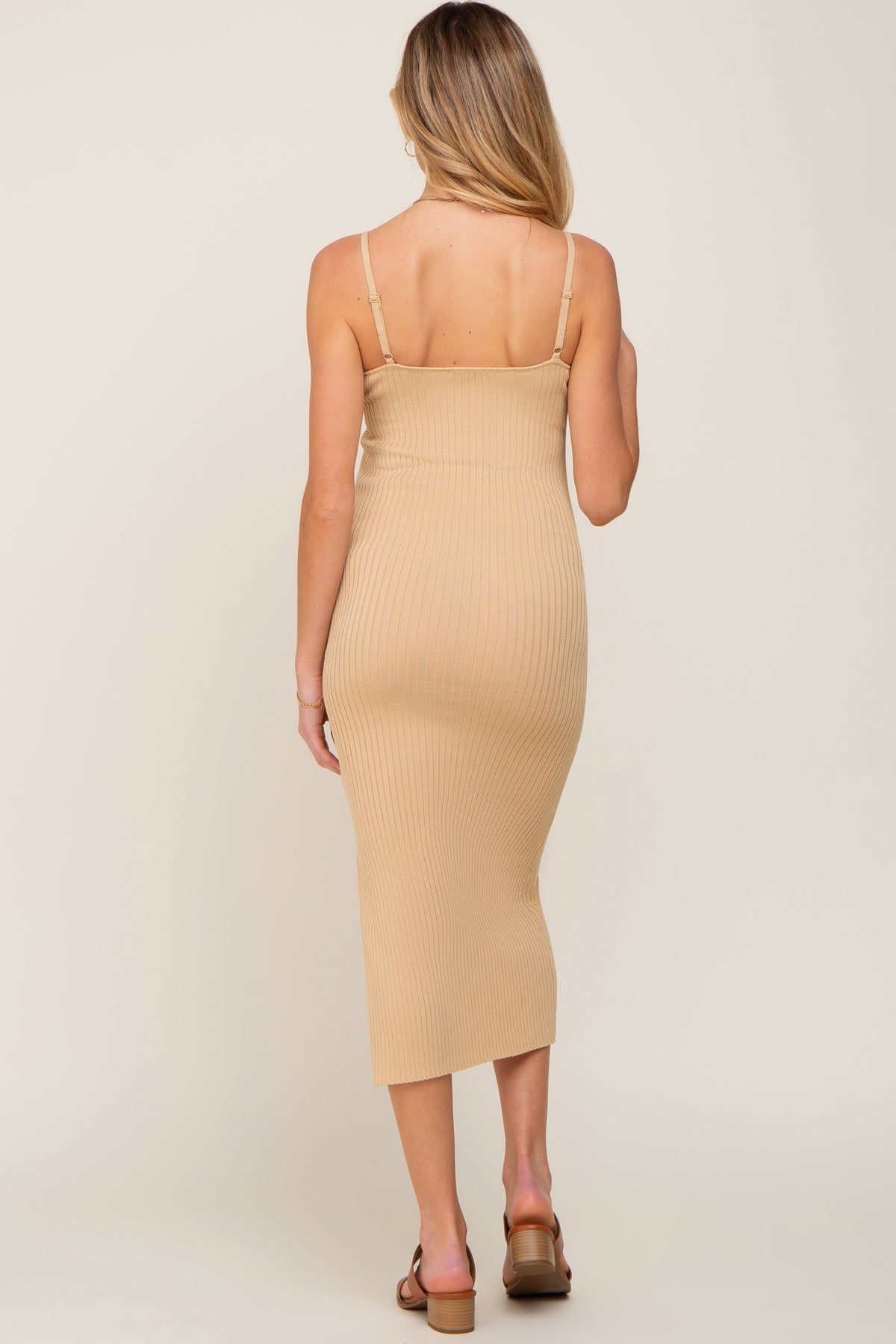 Beige Ribbed Knit Side Slit Maternity Midi Dress
