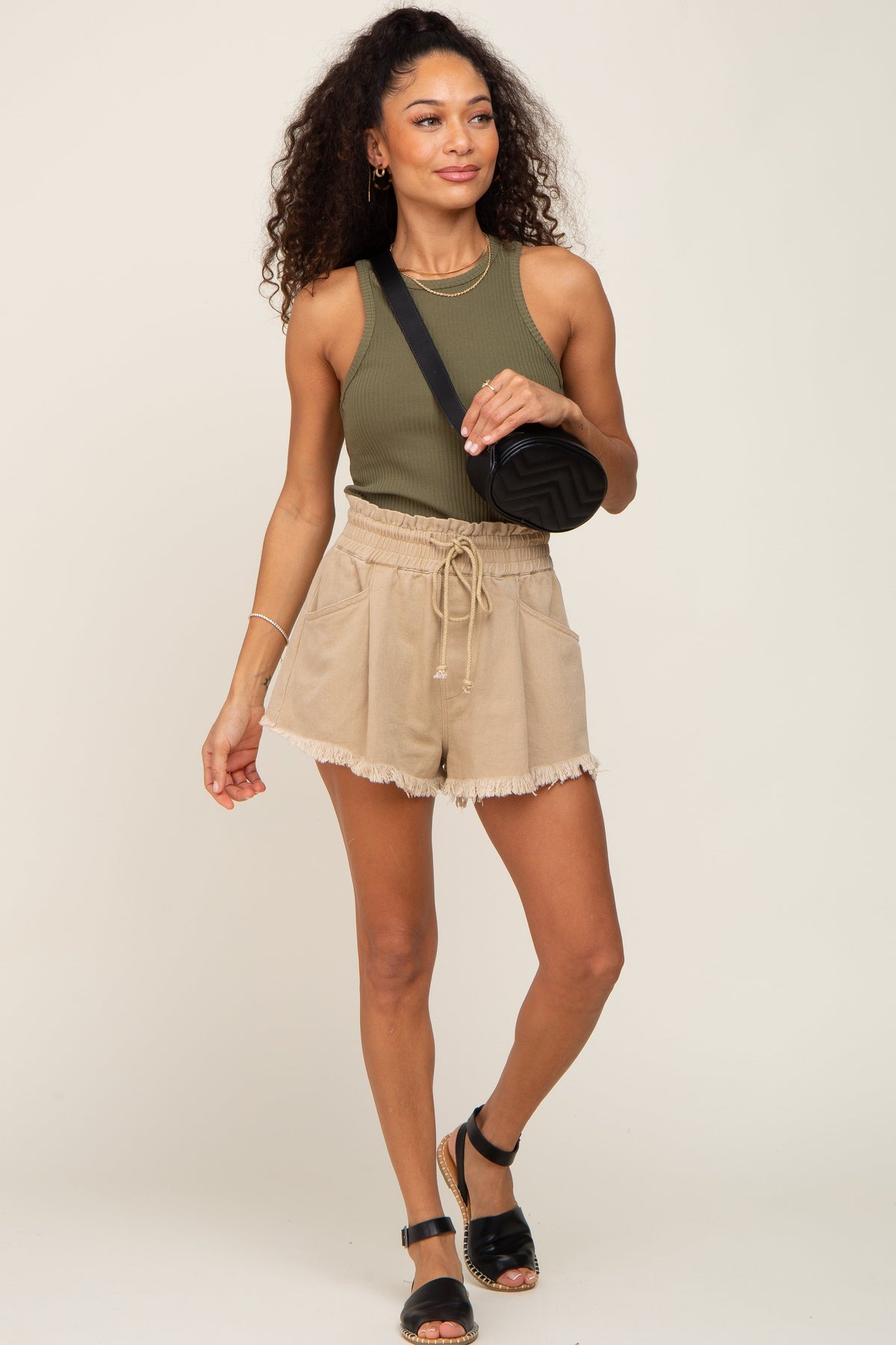 Beige Drawstring Frayed Hem Shorts