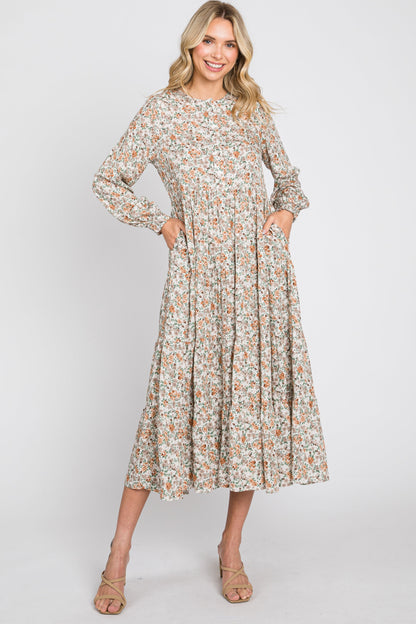Beige Floral Button Front Long Sleeve Tiered Midi Dress