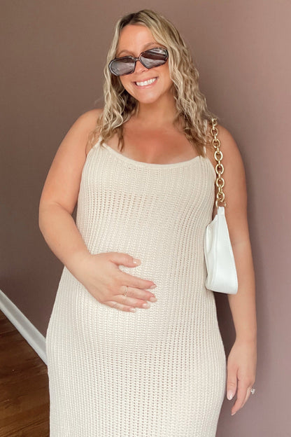 Beige Open Knit Crochet Maternity Midi Dress