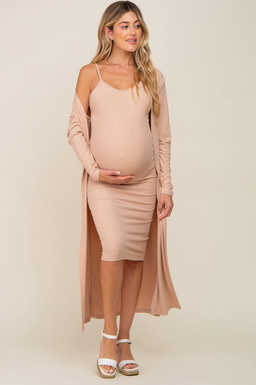 Beige Ribbed Cardigan 2 Piece Maternity Set