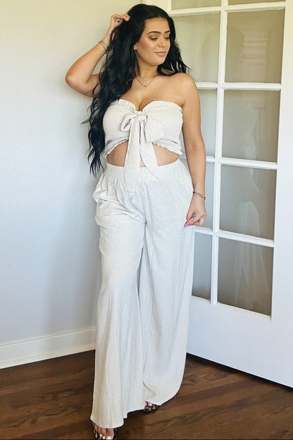Beige Front Tie Crop Top and Pant Maternity Set