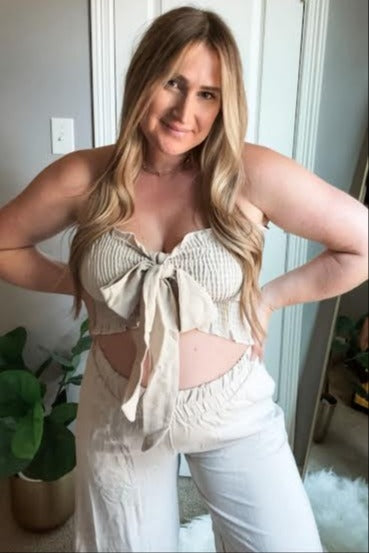 Beige Front Tie Crop Top and Pant Maternity Set